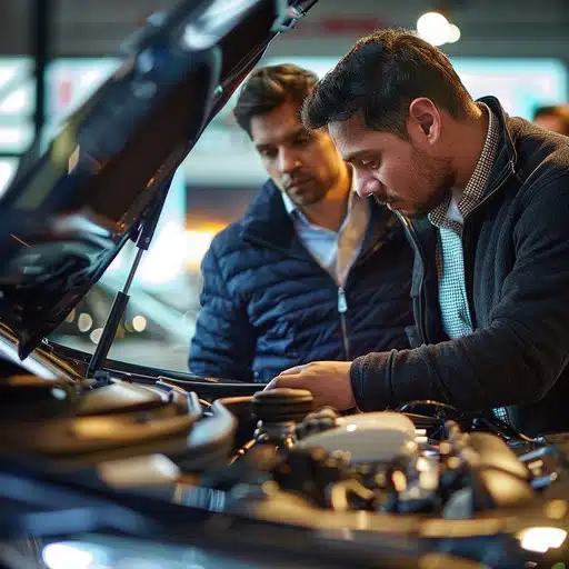 Two men examining a car engine in the dealership. 