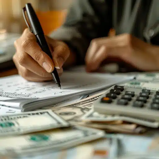 Person writing on financial documents with money and calculator on the table. 