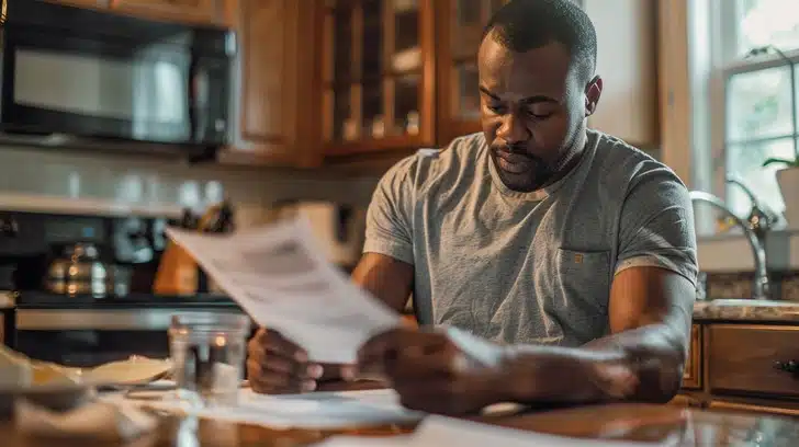 Man reviewing financial documents in kitchen